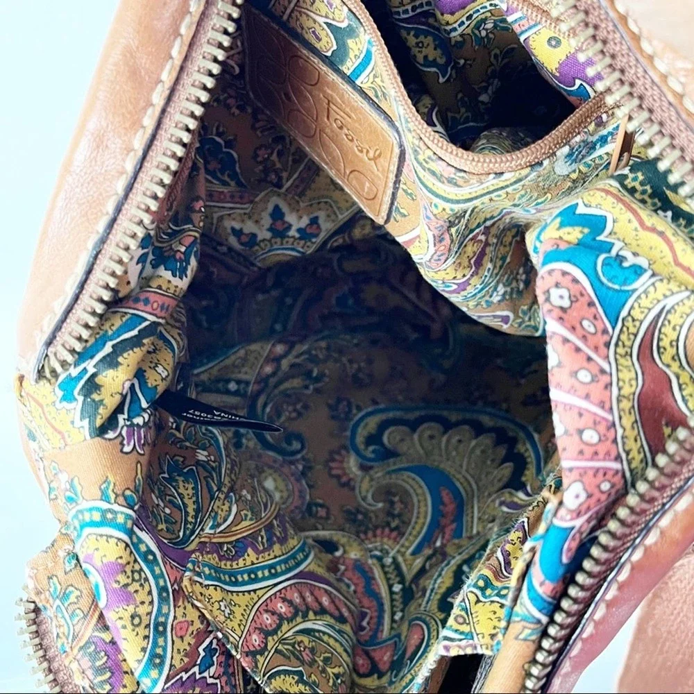 FOSSIL Brown Leather Stitched Adjustable Strap Paisley Lined Shoulder Bag Boho